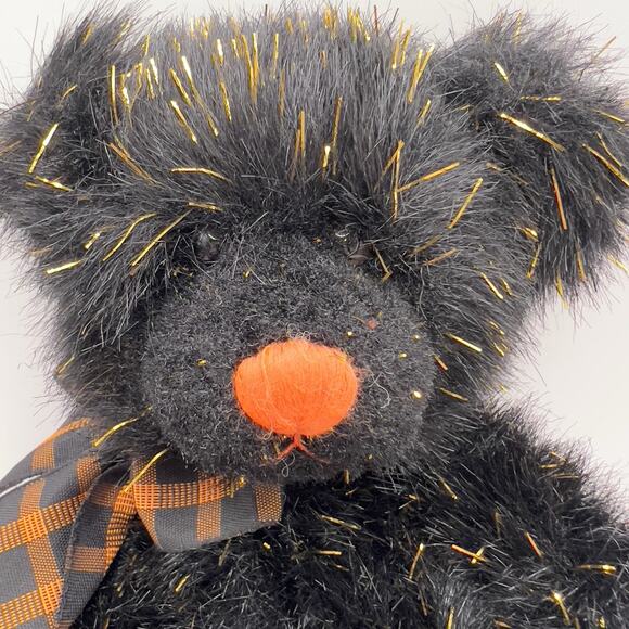 RUSS Berrie Sparkie Halloween Teddy Bear Black 10” Gold Tensel Orange Nose, Bow - Picture 5 of 8